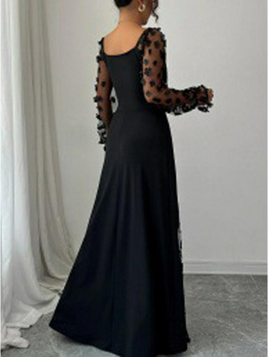 Cross-border Spring/Summer Mesh Long Sleeve Evening Gown with Waist-Cinching Slit and 3D Floral Design for Banquets