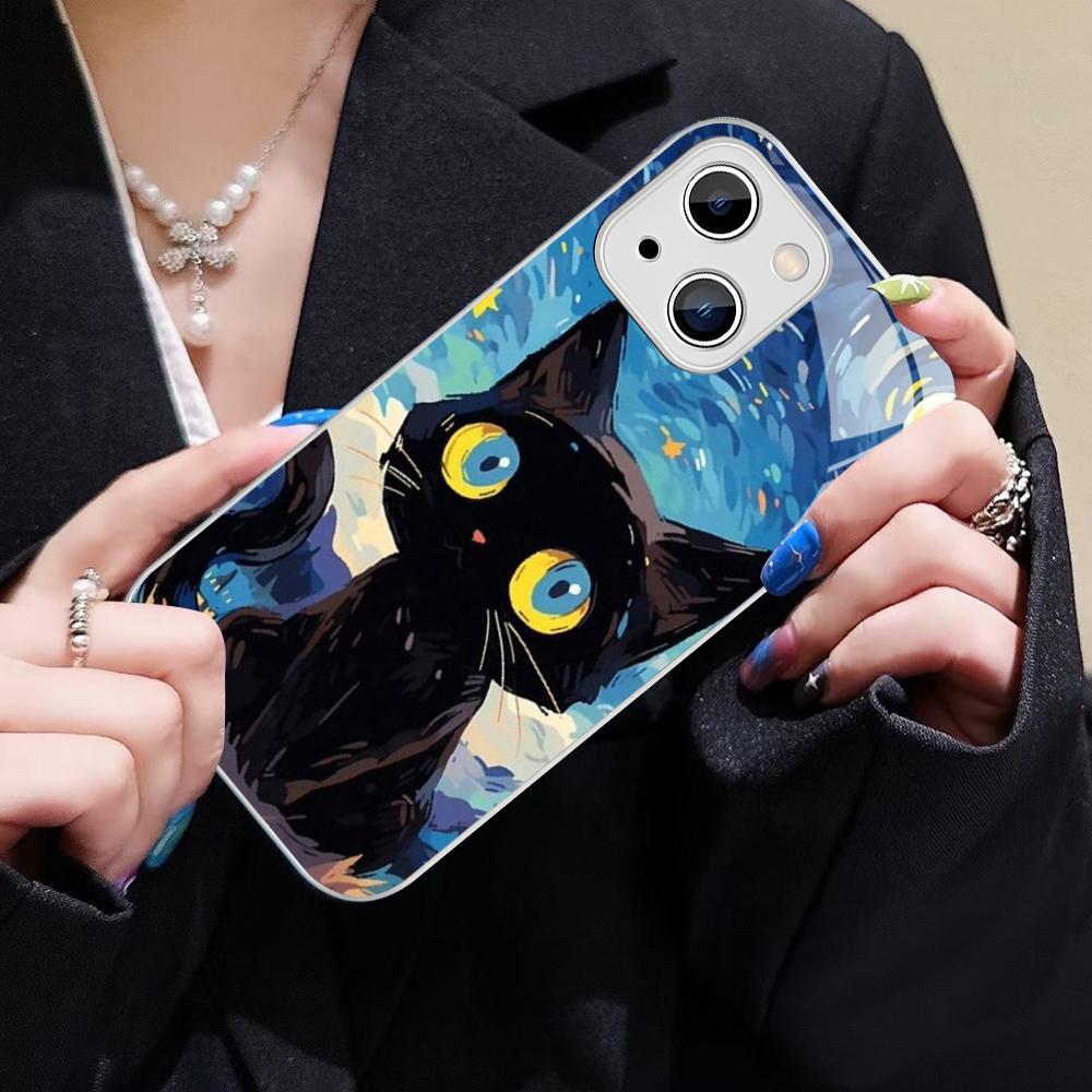 Starry Sky Cat Phone Case For IPhone 14 13 12 Mini 11 Pro XS Max X XR 14 Plus Tempered Glass Cover