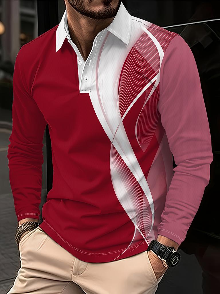Stylish long-sleeve polo shirt with geometric pattern, ideal for casual daily wear.