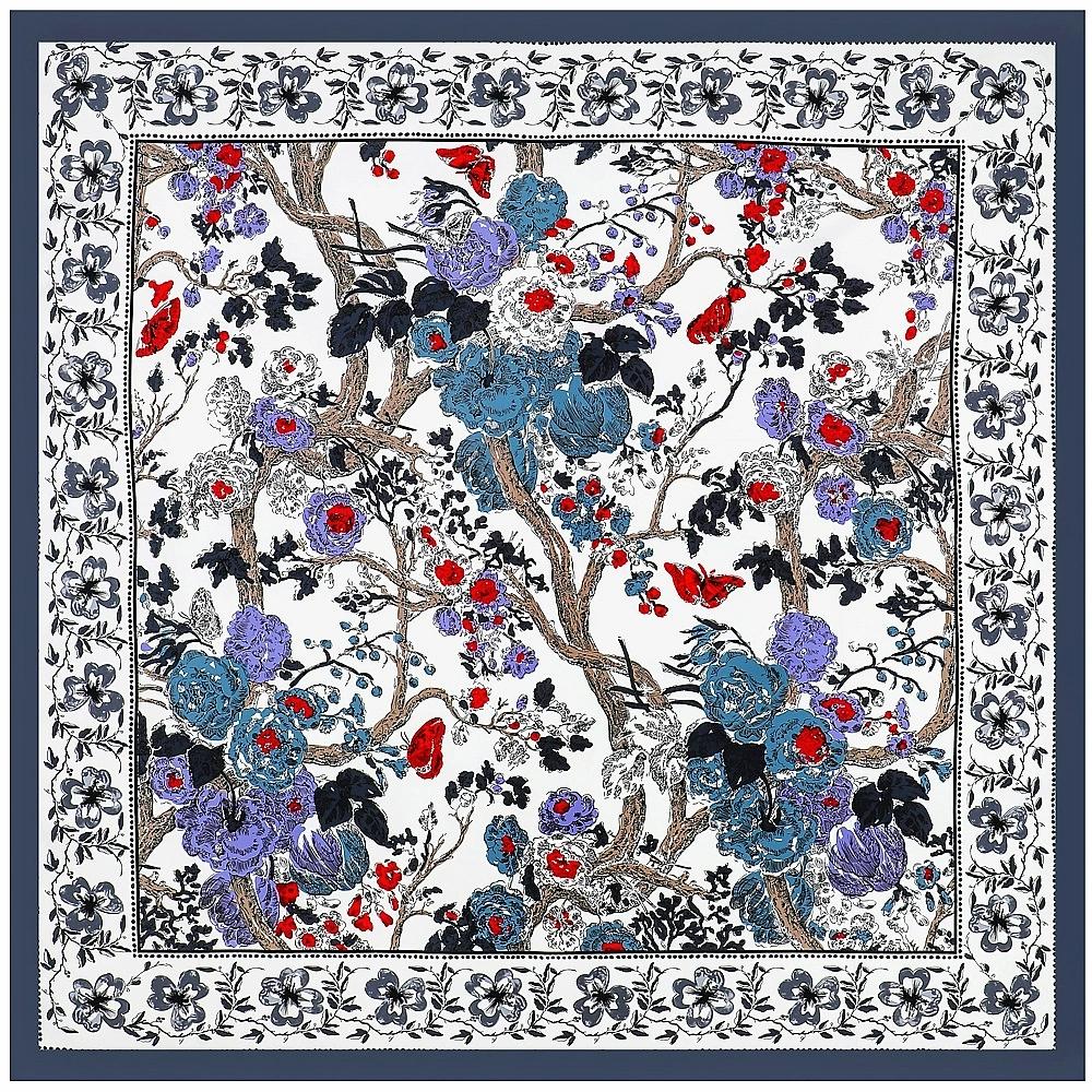 130cm Retro Floral Printing Twill Silk Square Scarf Women Multi-Purpose Shawl Sun Protection Four Season Travel Scarf