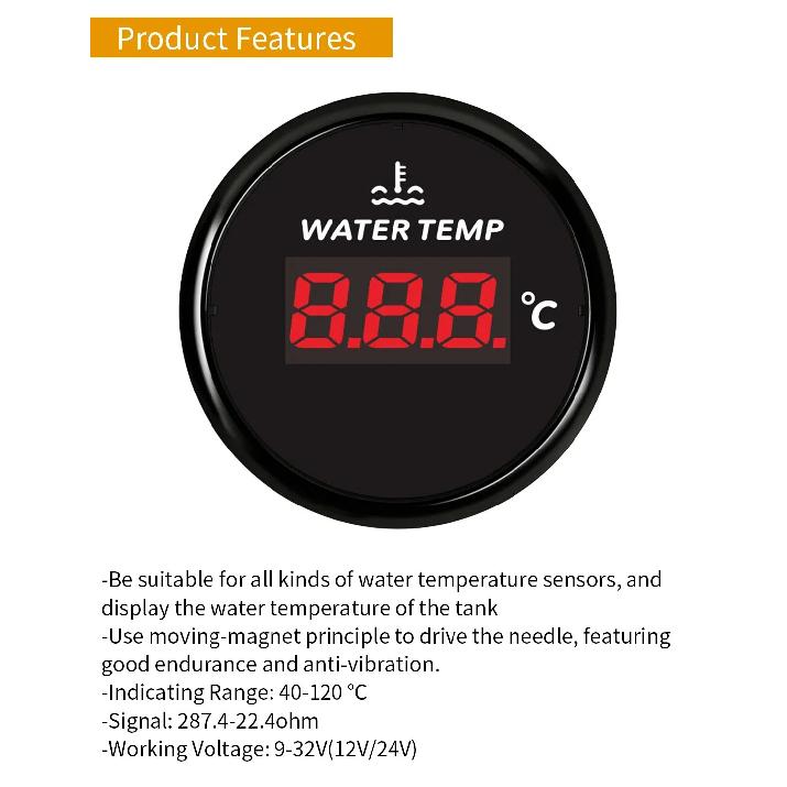 New Universal Waterproof 52mm Water Temp Gauge Temperature Meter 40-120℃ with Red Backlight for Motorcycle Car Boat Yacht 12/24V