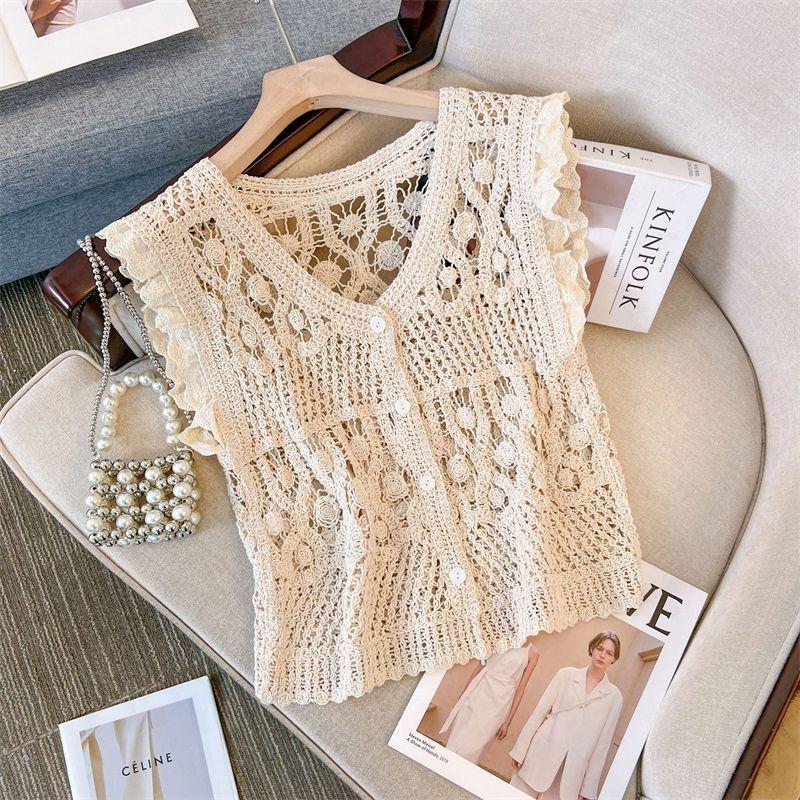 Women's White Short Crochet Knit Cardigan with Batwing Sleeves - Summer 2026 Fashion.