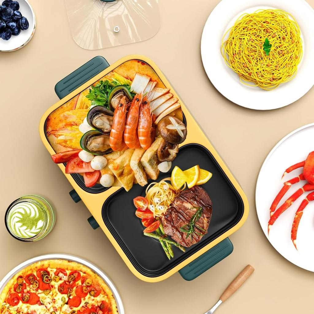 Electric Hot Pot and Grill Combo,Dual Temper Control,Fast Heating - Indoor Cooking Appliance for BBQ,Steaks,Noodles&More-Suitable for Up to 3 People