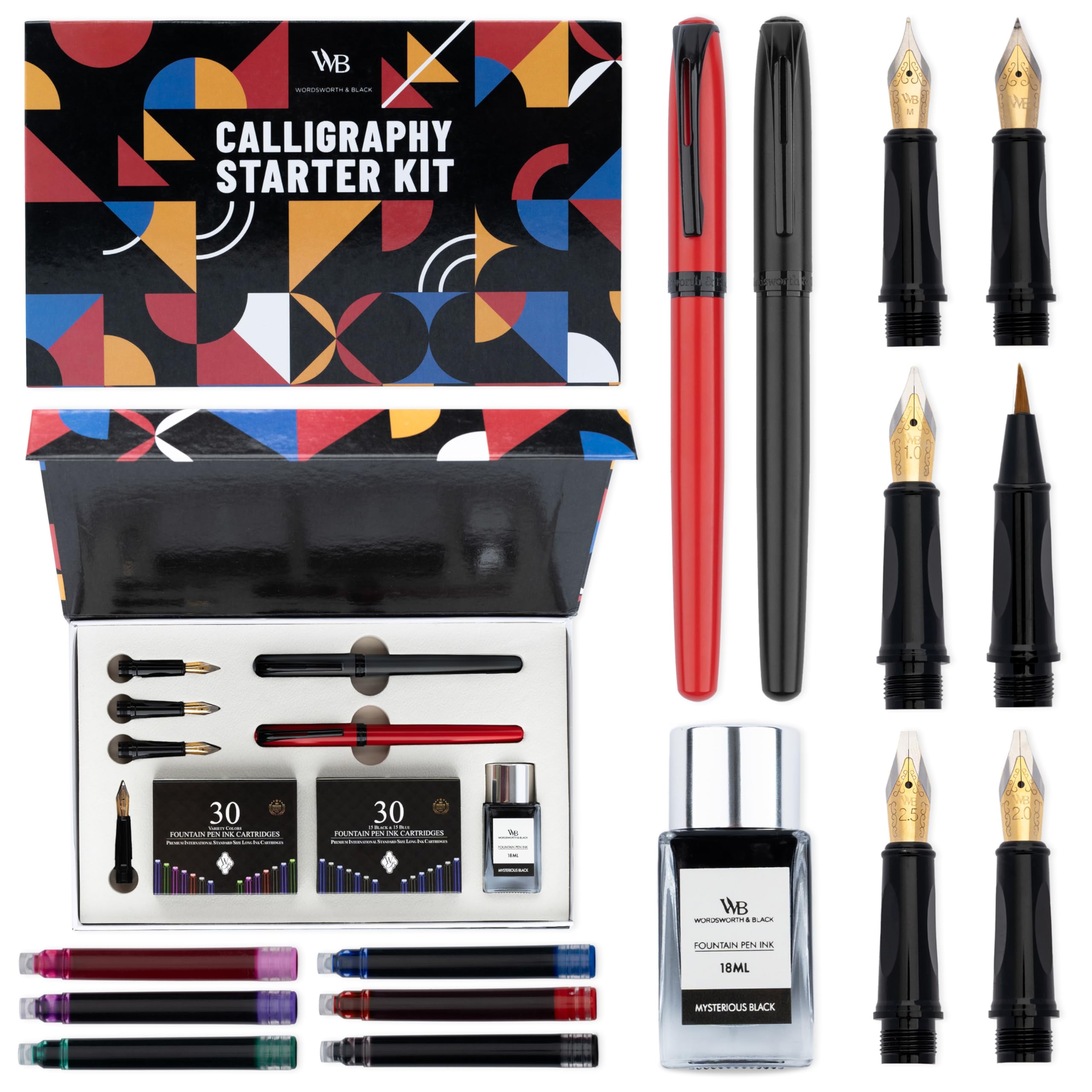 

Wordsworth and Black Calligraphy Pen Set Black Includes 2 Calligraphy 18ML Ink 60 Ink Ink Refill 1 Medium Nib and 4 Broad and a Brush Pen Calligraphy
