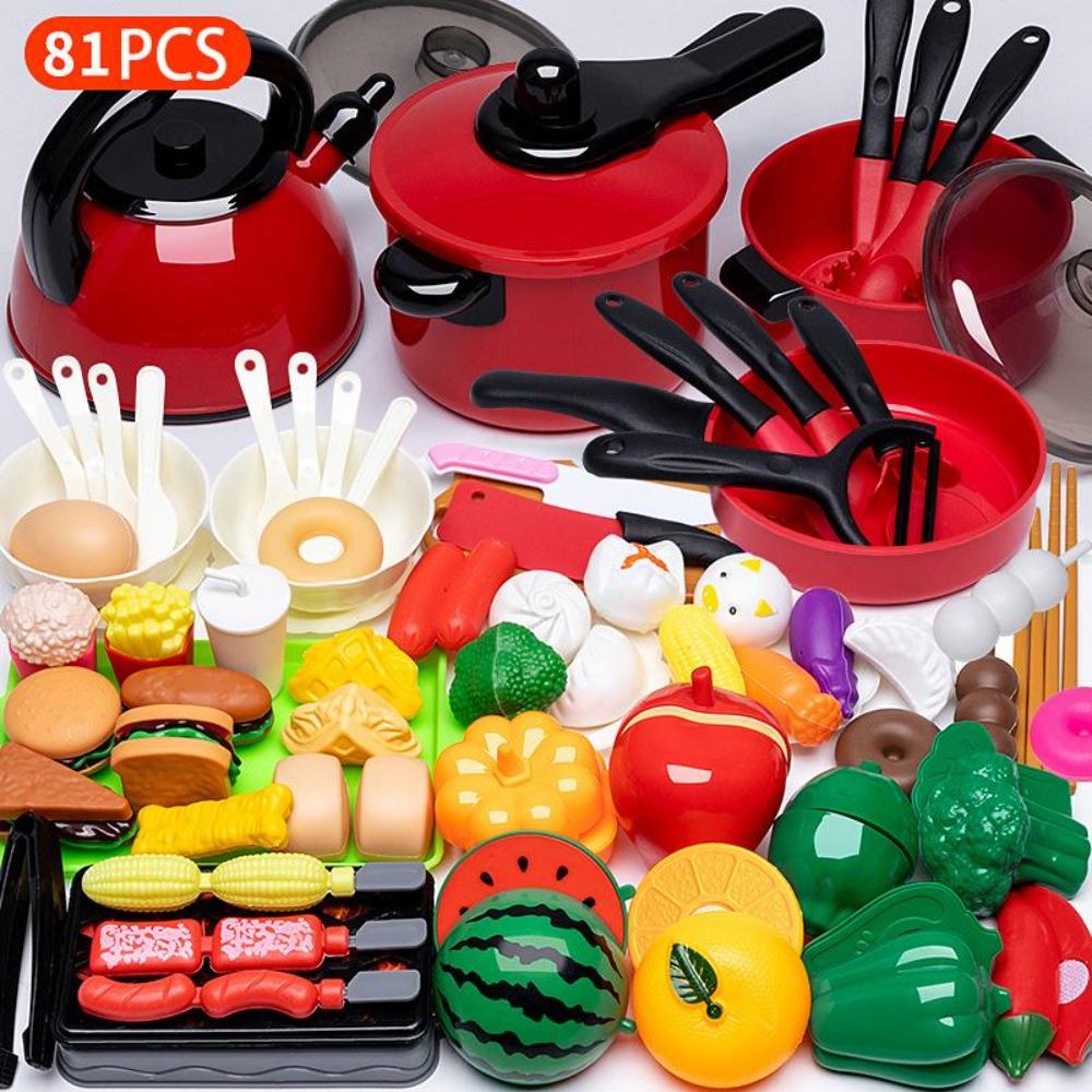 Kids Toys Pretend Play Red Kitchen Toys Simulation Food Cooking Girl's Boys Educational Play House Interactive Toys for Children