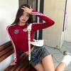2KWEIRD Vintage Red Woman Tshirts Long Sleeve T-shirt Tunic Fashion Tees O-neck Embroidery Y2k Crop Tops Sexy Shirts for Women