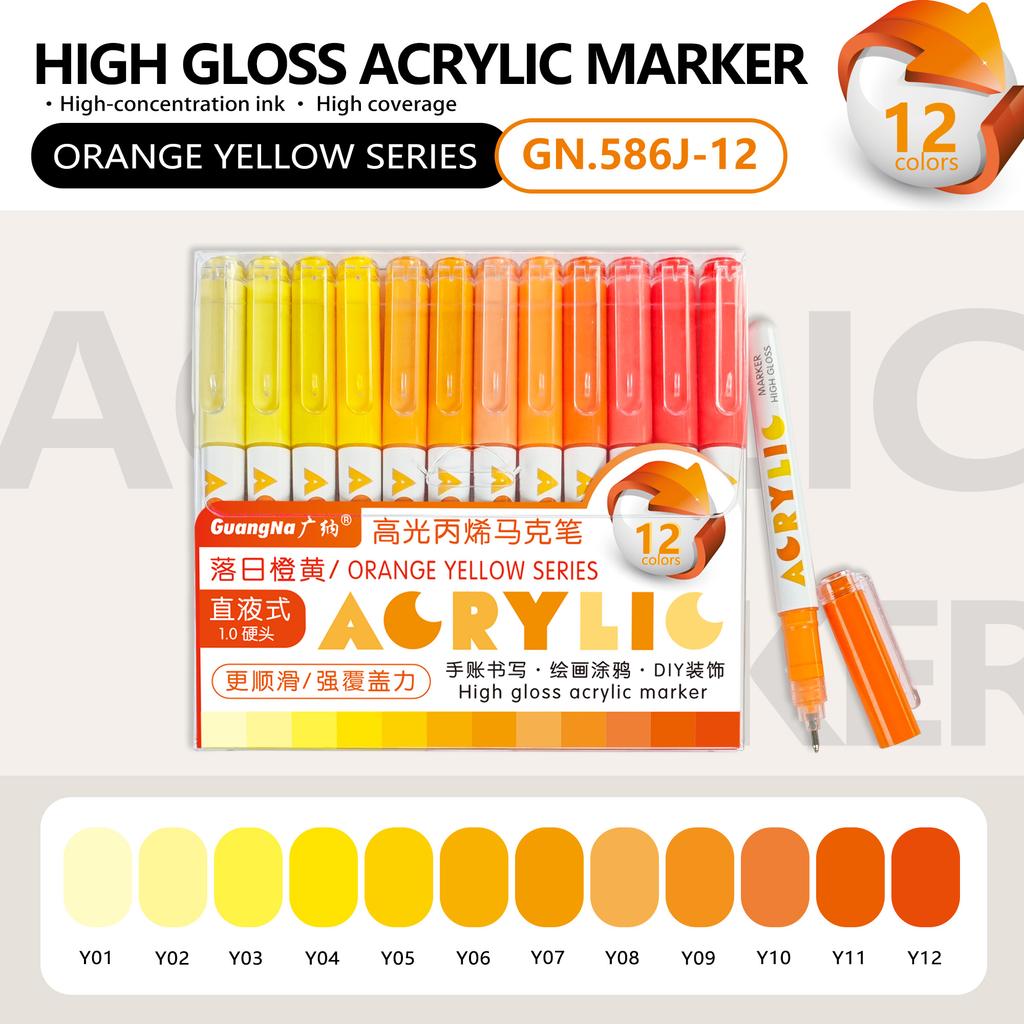 GuangNa 12 Colors/box Direct Liquid Hardhead High-gloss Acrylic Marker, for Student Notebook Writing, DIY Painting Graffiti