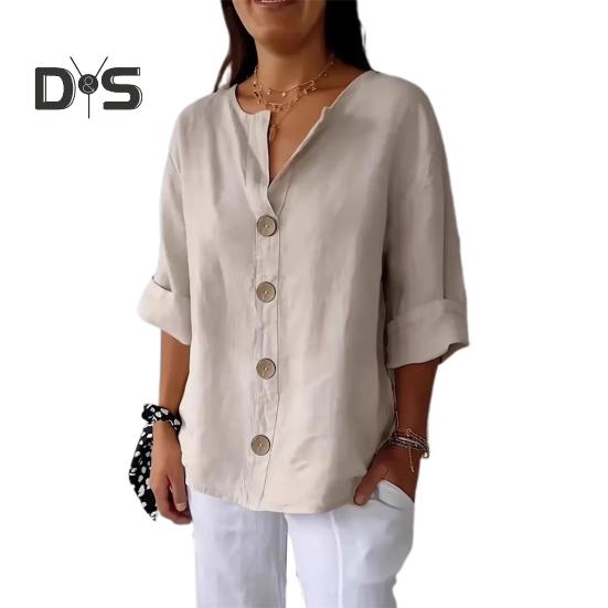 

Женская рубашка с V-образным вырезом и рукавом 3/4, свободный крой, пуловер, топы с пуговицами, декор, дышащие повседневные топы, повседневная одежда M абрикосовый