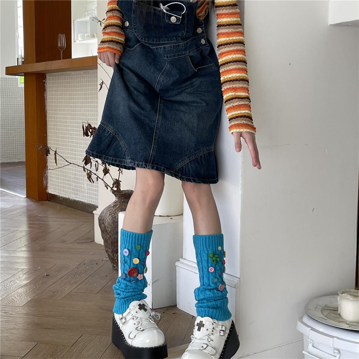 

Y2K, разноцветные леггинсы ручной работы с пуговицами, гетры, наборные носки, носки до середины икры для девочек, чулки one size синий