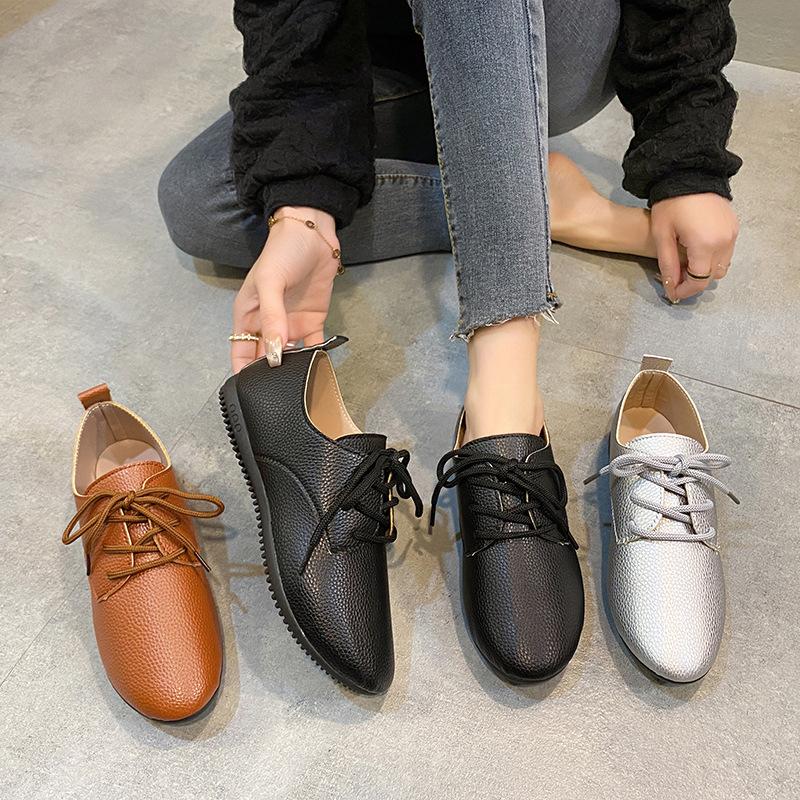 Large size casual women's shoes spring and summer fashion flat heel lace-up single shoes round head soft surface women's shoes
