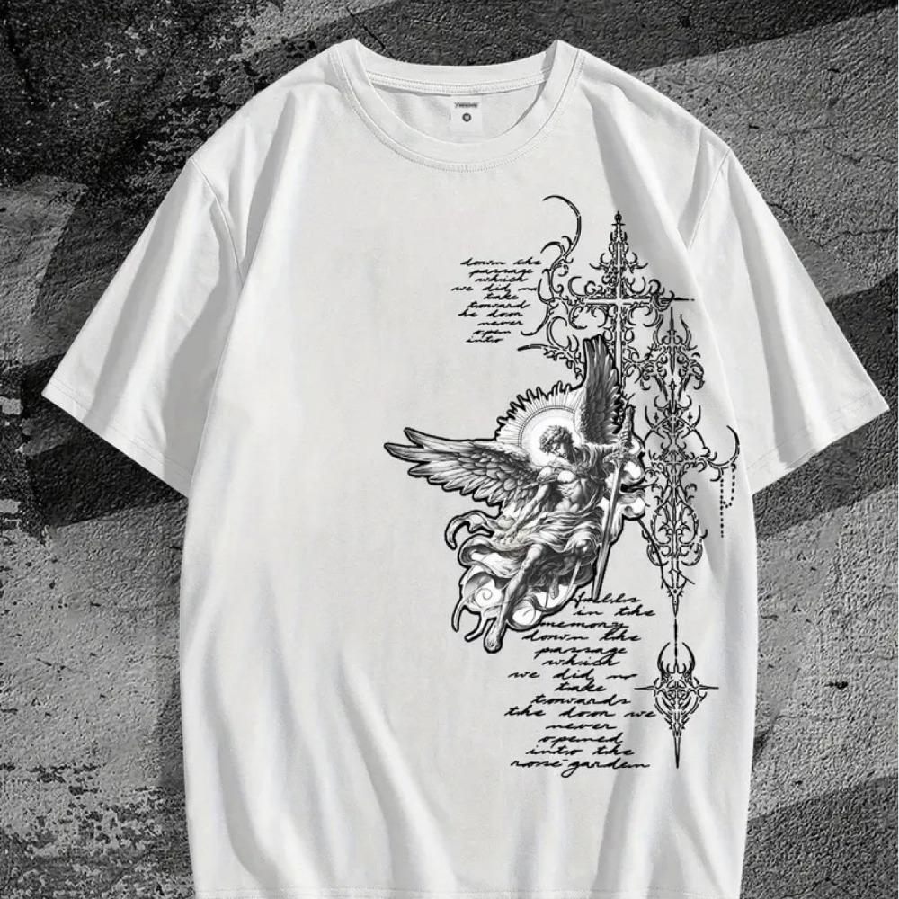 Men s Gothic Angel and Dark Fantasy Pattern T-shirt, Casual Round Neck Short-sleeved Summer T-shirt S