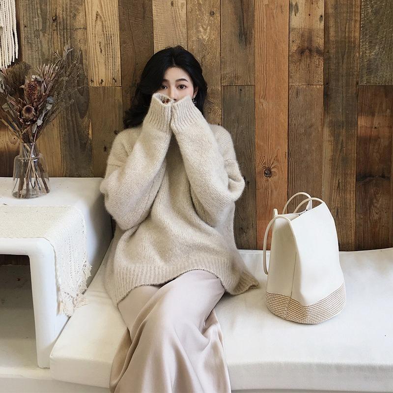 Solid Color Seahorse Woolen Sweater Women's Autumn and Winter Retro Style Loose Inner Pullover Knitted Outer Clothes