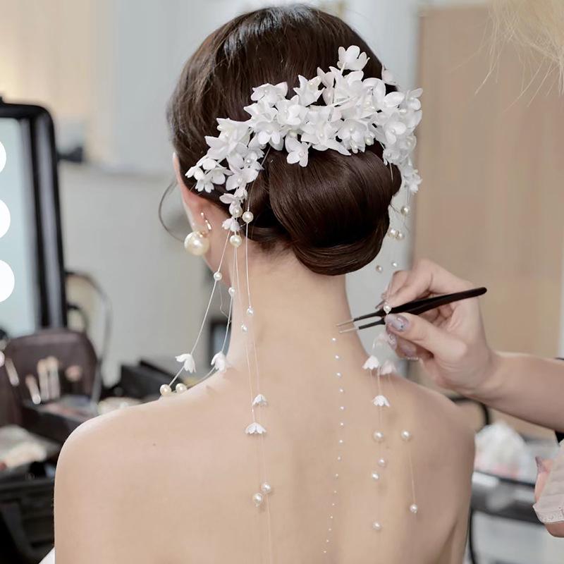 

Korean Bridal Fairy Tassel Flower Hair Clip - Versatile Mori Girl Headpiece for Makeup Styling