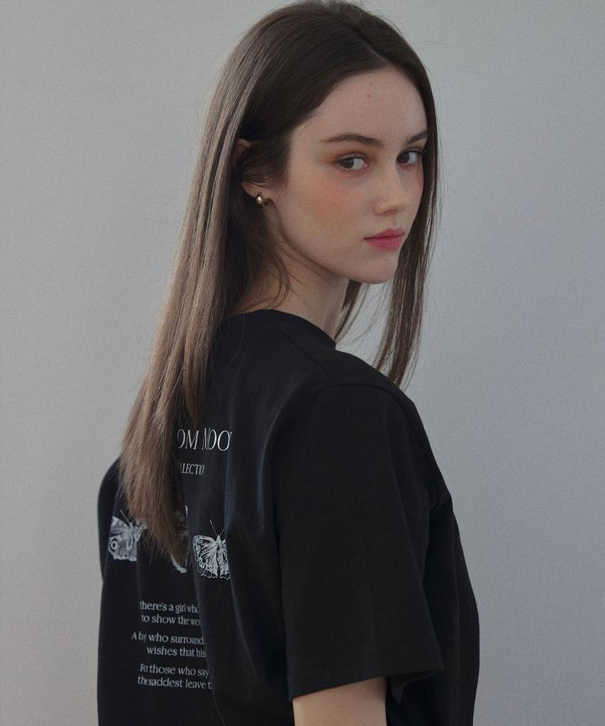 LETTER FROM MOON Triple Butterfly Embroidery Oversized Short Sleeve T-Shirt (Black)