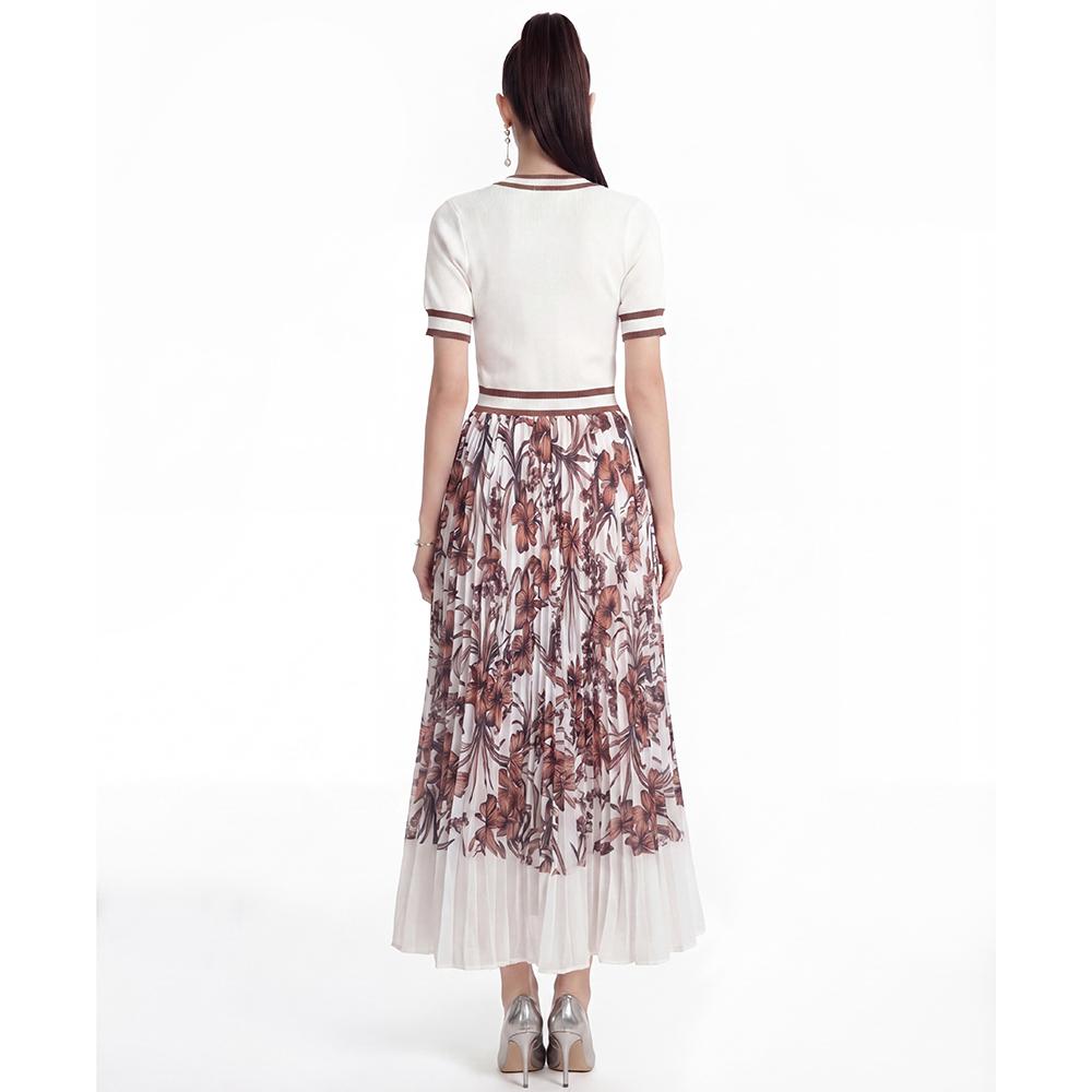 Women Fashion Knitting Sweater Patchwork Chiffon Dress Summer Short Sleeve Casual Floral Print Pleated Vacation Holiday Midi Sundress