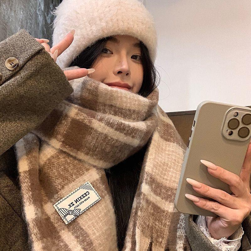 Korean Style Plaid Mohair Scarf - Women's Winter Imitation Cashmere Shawl