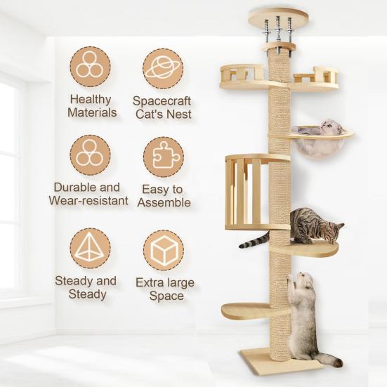 Floor To Ceiling Cat Tree, 6 Tier Adjustable Cat Tower with 7 Sisal Posts for Indoor Cats