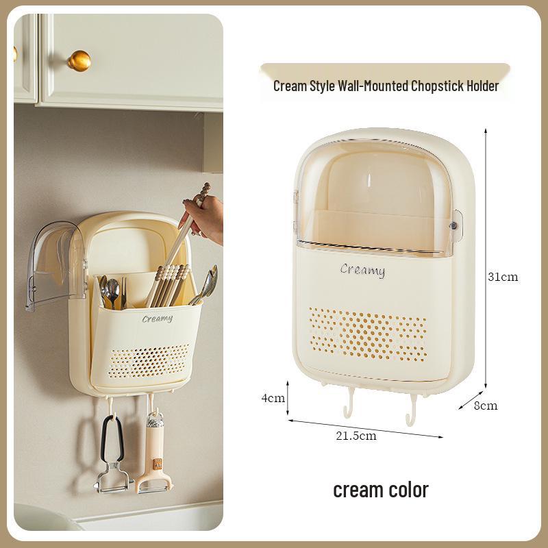 Wall-Mounted Dustproof Kitchen Chopstick Holder with Lid – Multifunctional Storage & Draining Rack