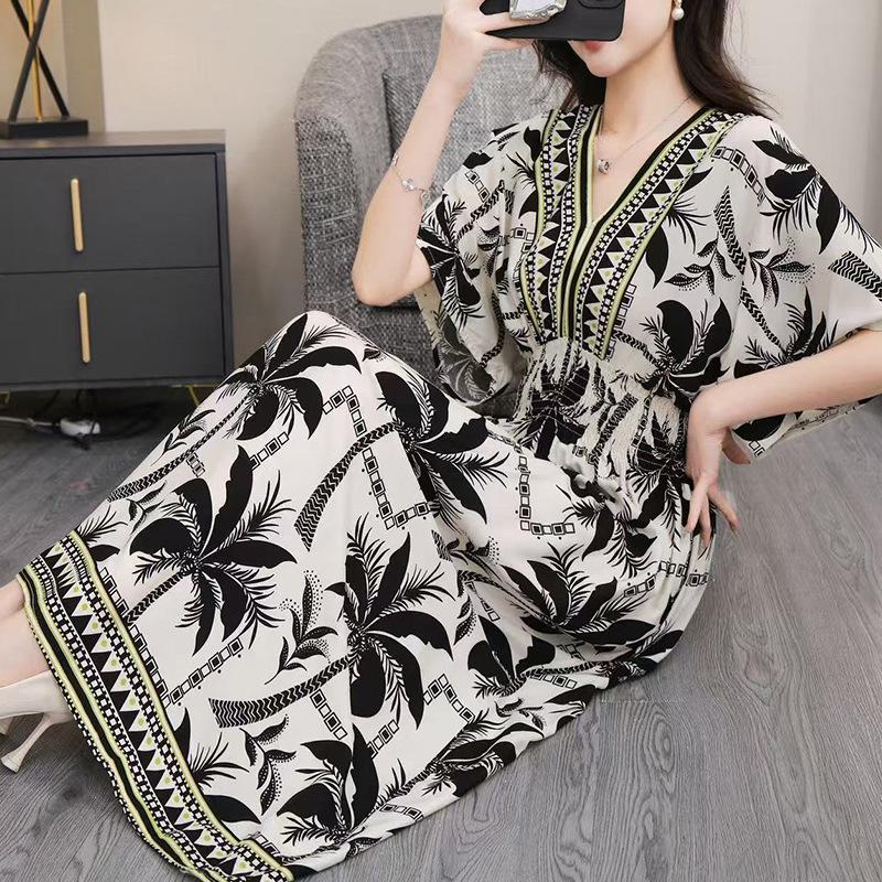 25th Anniversary Ethnic V-Neck Rayon Short Sleeve French-Thai Print Holiday Dress for Women