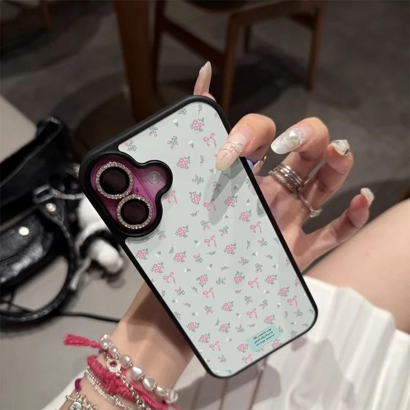 Pink and Green Floral Bow Is Suitable for iPhone17/16 Mobile Phone Case, Apple 14Pro Matte PC13 Fresh 15 Sets.