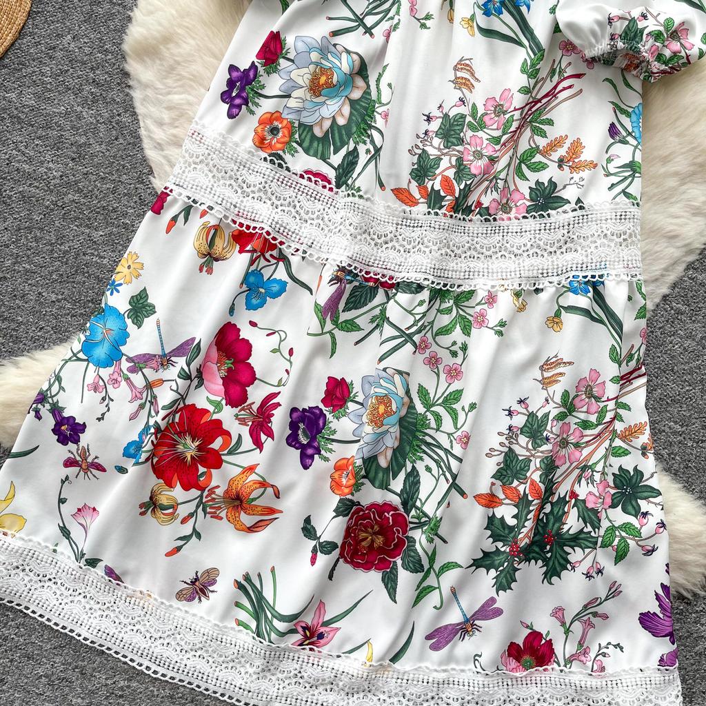 2026 New Floral Print Lace Patchwork Maxi Dress Women Elegant V Neck Long Sleeve White Casual Party Long Dresses Bohemian Robe