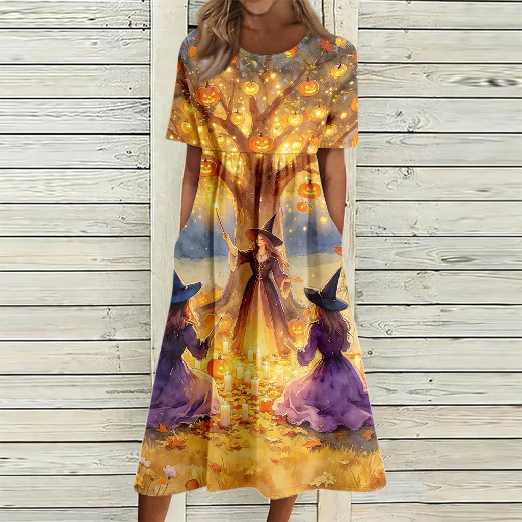 Women's Casual Round Neck Dress with Halloween Print and Pockets