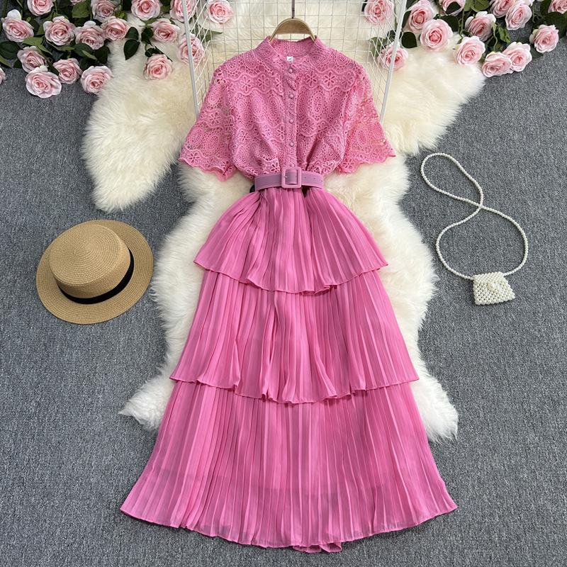 Women Summer Retro Solid Pleated Hollow Elegant Tiered Dress Spring Lace Short Sleeve Long High Waist Dresses