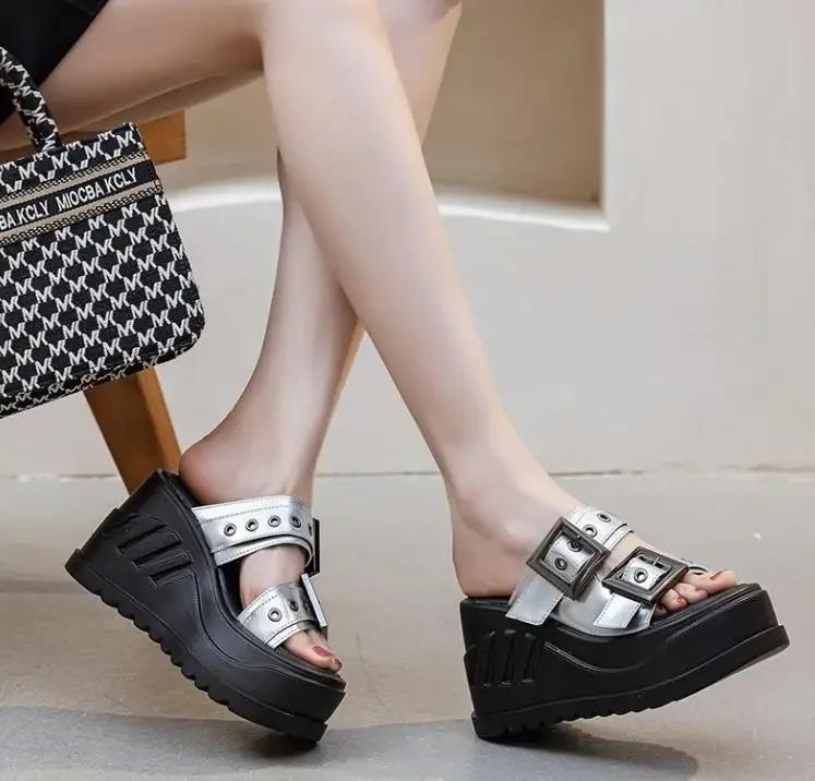 Fashion 10CM New Women's Summer Outdoor Beach Wedge Heel Thick Bottom Slip-On Slippers High Heels Buckle Shoes 2025 Ladies Flat Sandals