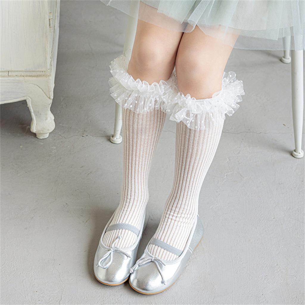 Delicate Lace Embellished High Knee Socks 3-13T Girls Fashion Stockings Cotton Hosiery for Parties Photography