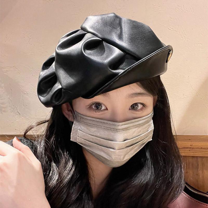 Pu Trendy Leather Beret For Women Vintage Style Sun Protection Cap Painter