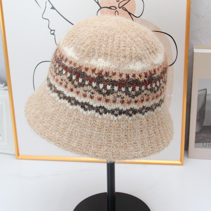Vintage Fair Island jacquard knitted bucket hat women's autumn and winter plush warm bucket hat literary short brim basin hat