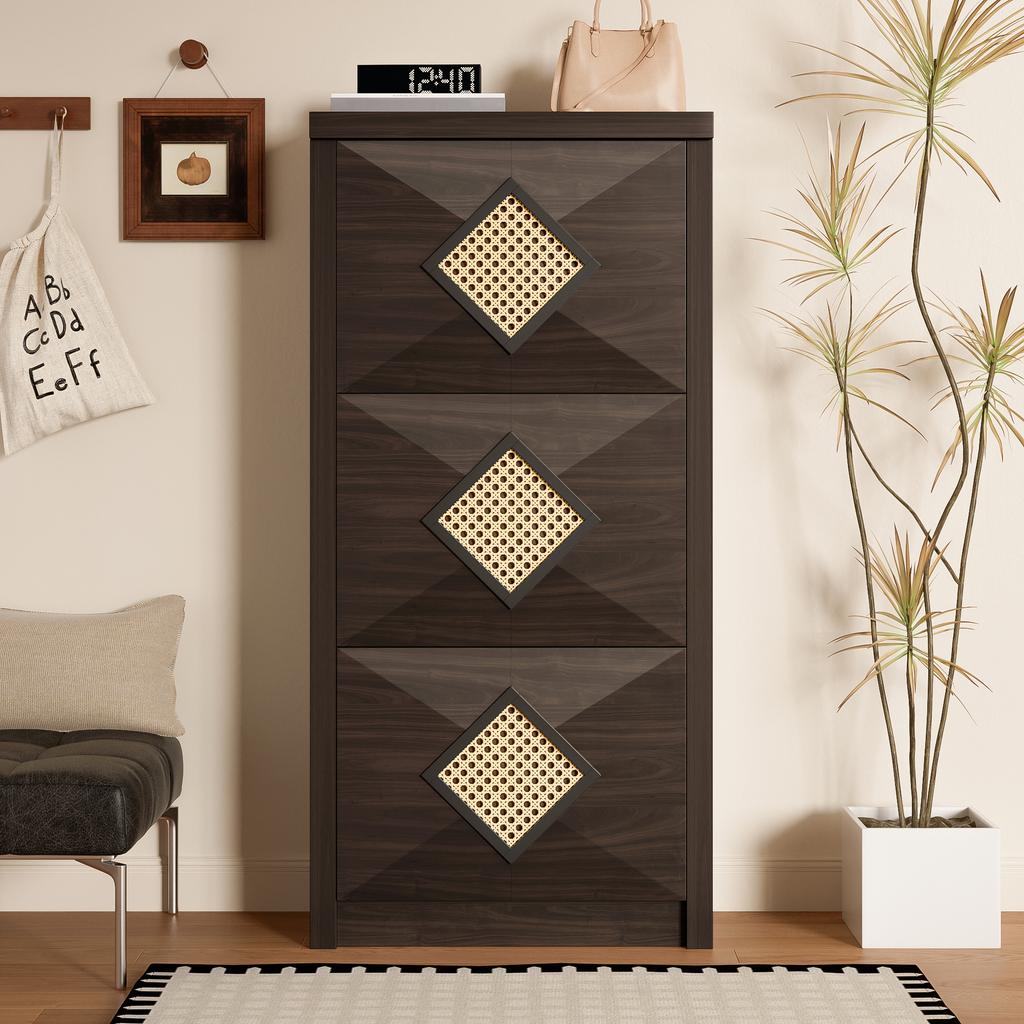 Vintage Shoe Cabinet with Rattan Decor, 3 Flip-Down Compartments, Space-Saving Shoe Cabinet 54x25x115 cm, Hallway Furniture in Modern Farmhouse Style