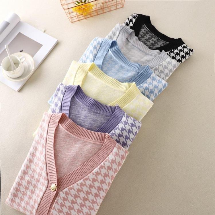 Women Casual Comfortable Knitted Cardigan Houndstooth V Neck Single Breasted Full Sleeve Top Black Gray Pink One Size