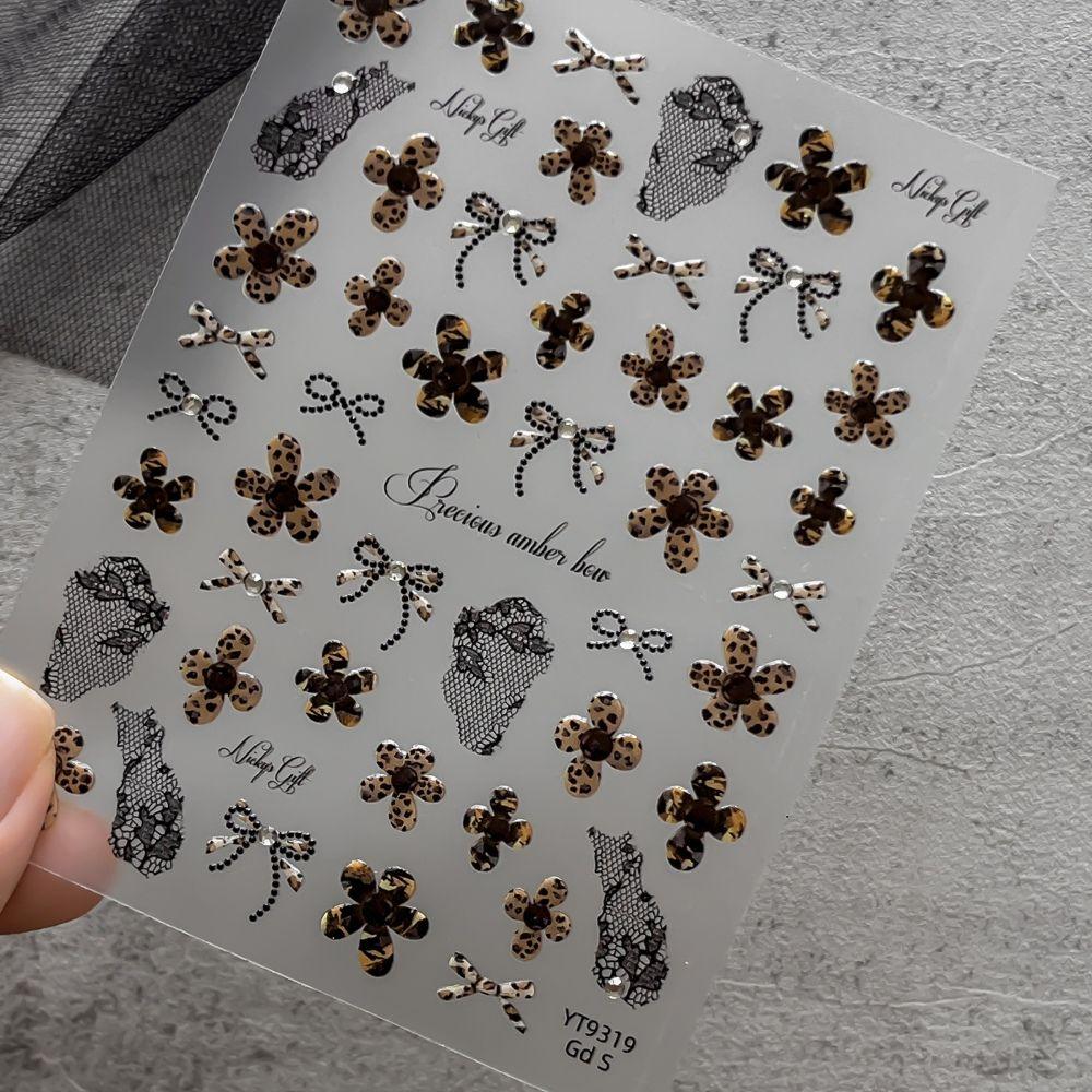 Flower Bow 5D Embossed Nail Stickers Leopard Print Y2K DIY Nail Art  Gothic Manicure