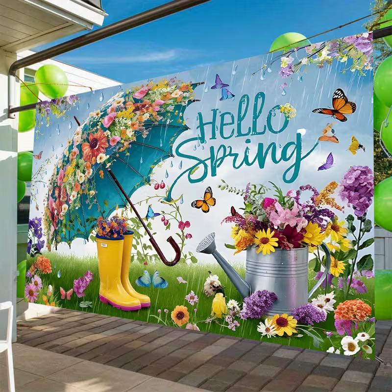 2D Hello Spring Backdrop with Umbrella and Flowers Photography Background Cloth
