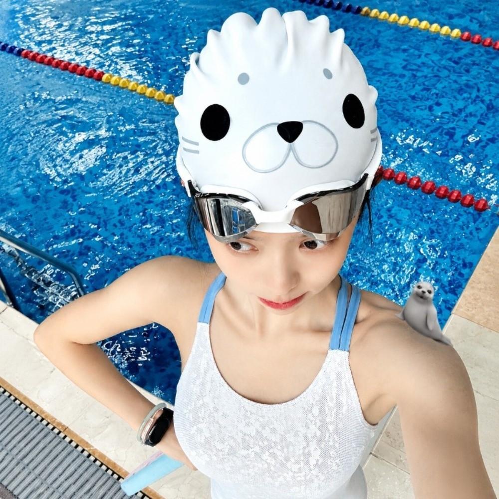 Gorro de Natación Impermeable Gorra con Estampado de Animales de Dibujos Animados Linda Gorra de Silicona para Nadar Uso en Piscina