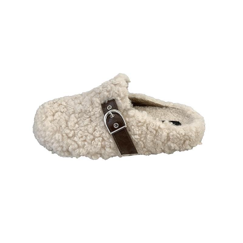 Luxury Furry Lambswool Slippers Woman Cover Toe Mules Shoes Winter Slip On Sliders House Pantuflas Mujer Curly Wool Fur Loafers
