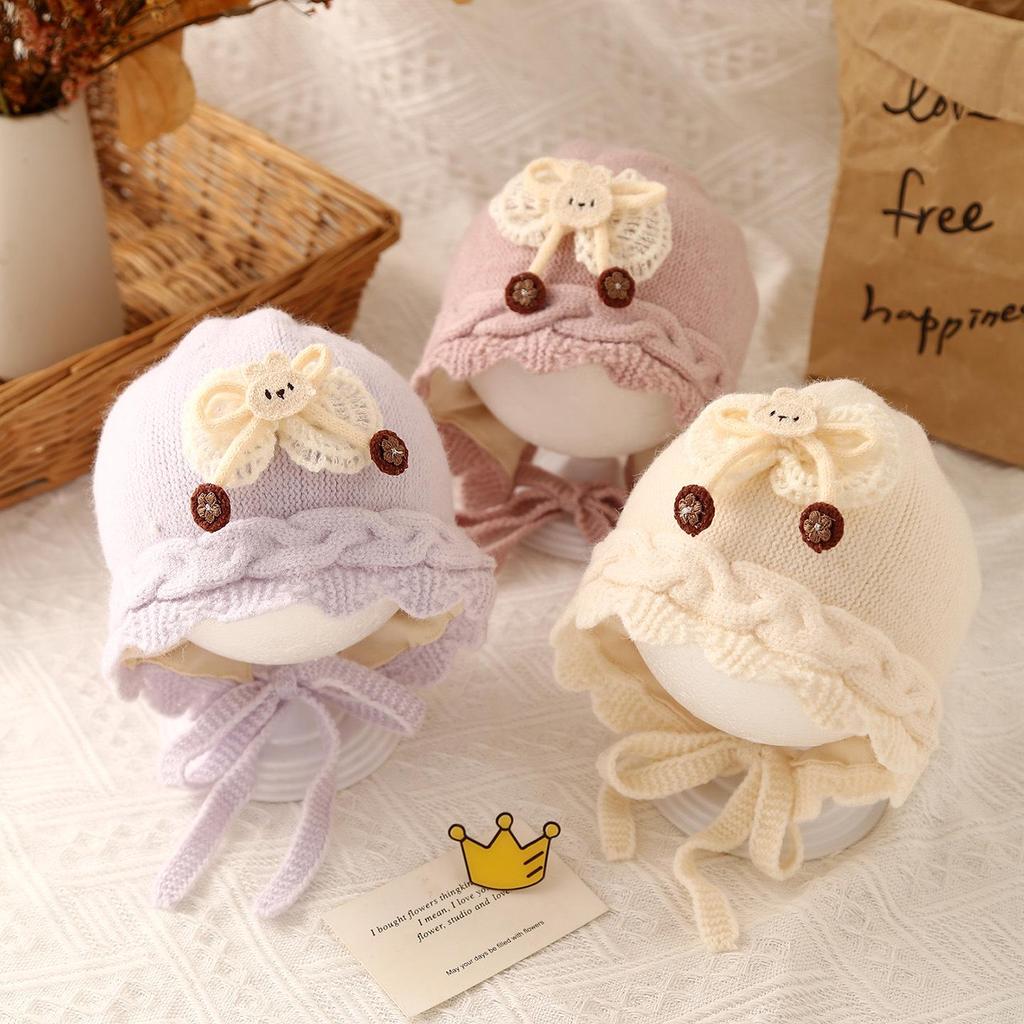 Jesienno-zimowa urocza dziergana wełniana czapka dla małych dziewczynek z ochroną uszu