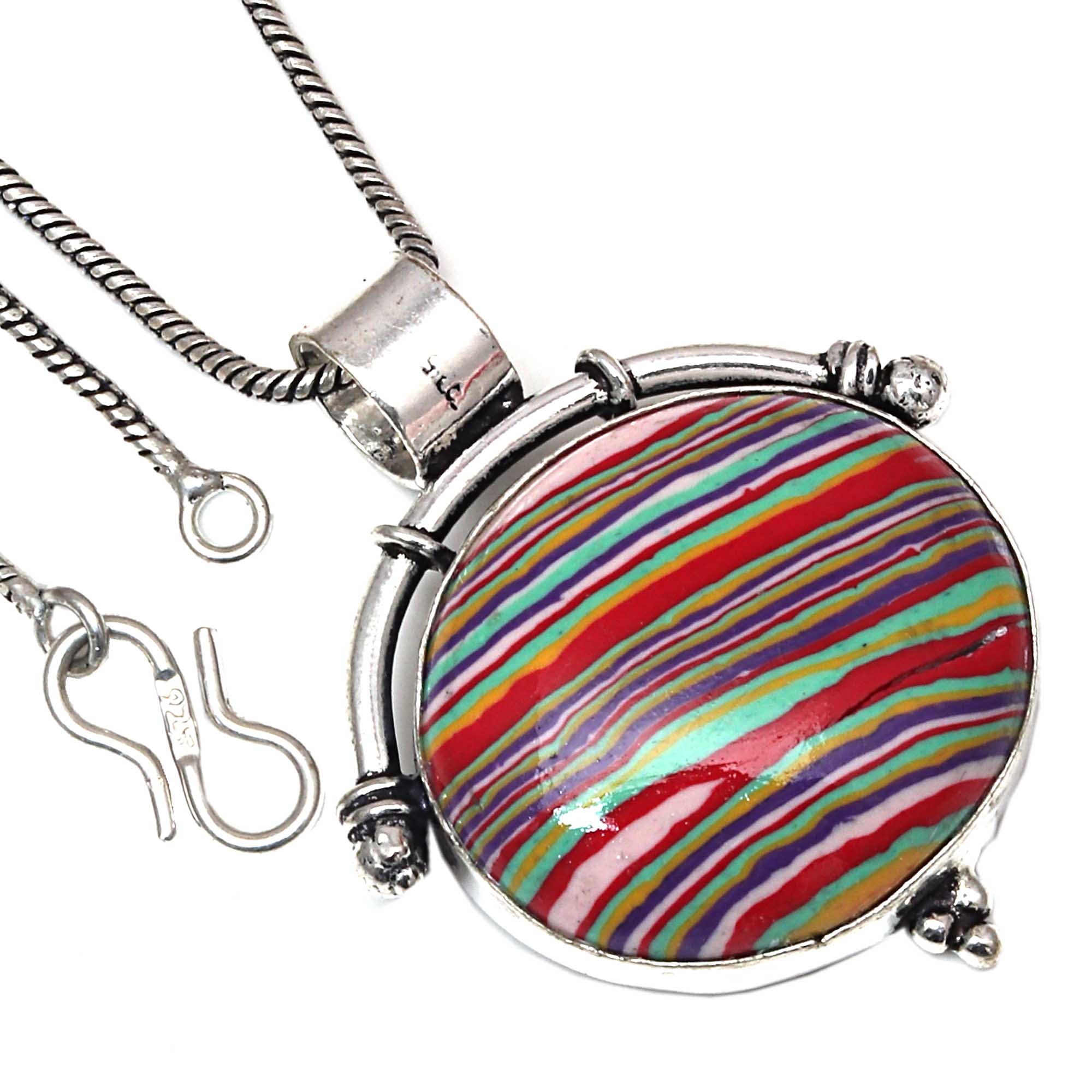 

Pendant Rainbow Calsilica Gemstone Handmade Antique Silver Jewelry 1.5
