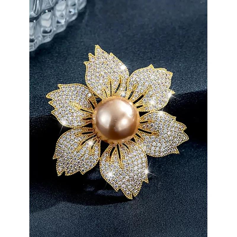 1 Elegant Look And Personalized Full Diamond Bauhinia Pearl Women'S Pin Brooch Cardigan Suit Accessory ClipElegant Jewelry