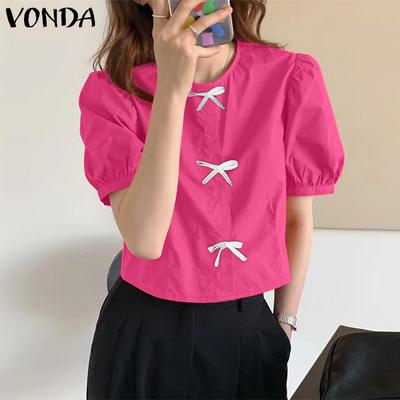 Women Puff Sleeve Back Button Casual Summer Short T-shirts