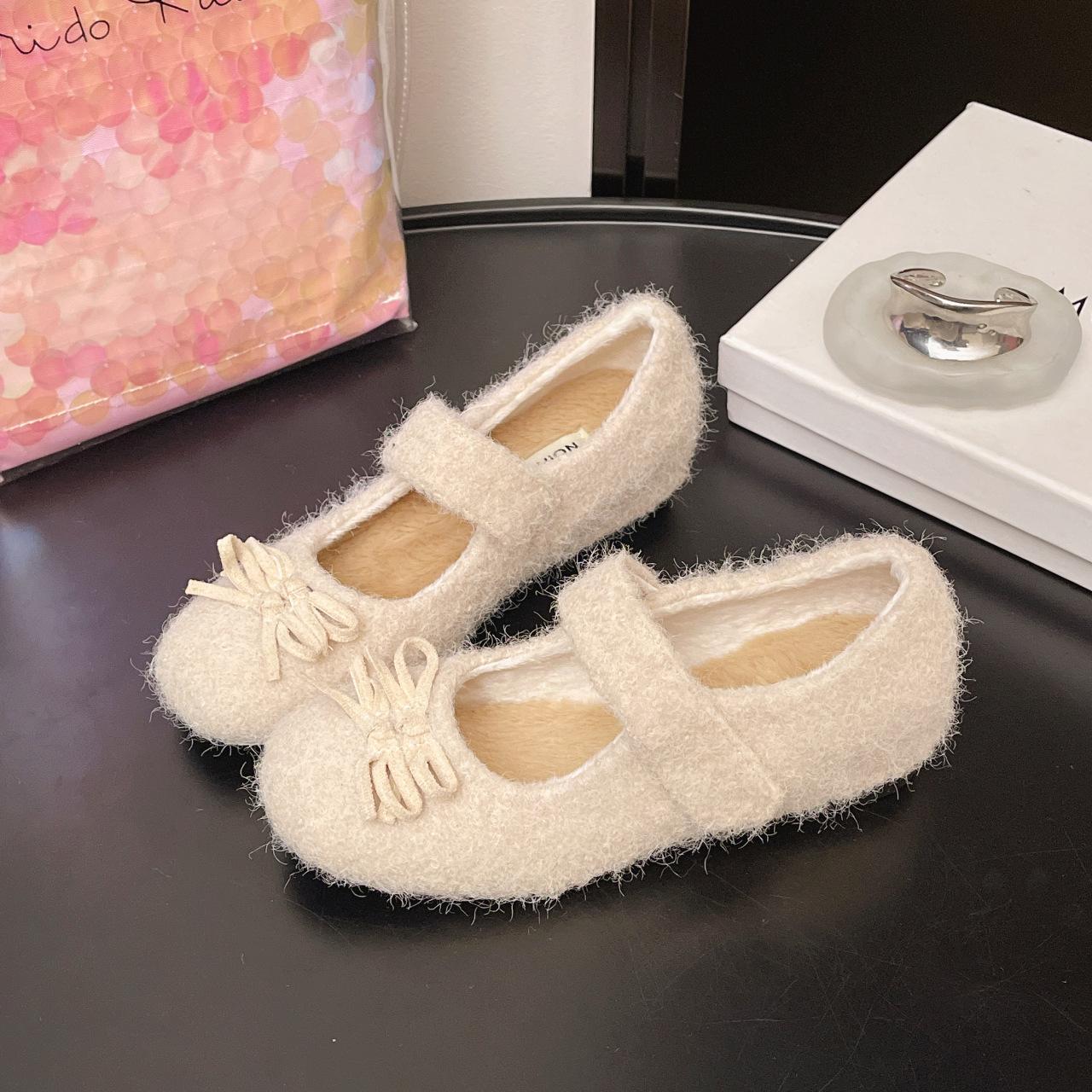 

Внутреннее увеличение высоты бант фея ветер пух обувь женская верхняя одежда 2025 осень и зима маленький человек бархат Мэри Джейн одинарная обувь 40 абрикосовый