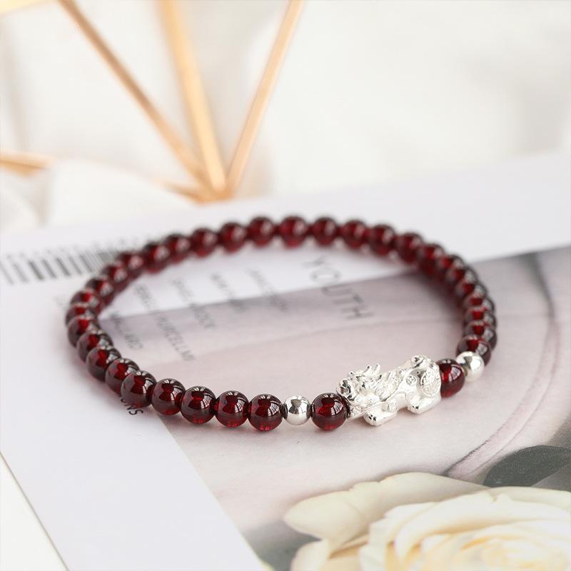 Natural Wine Red Garnet Silver Pixiu Beaded Bracelet for Women