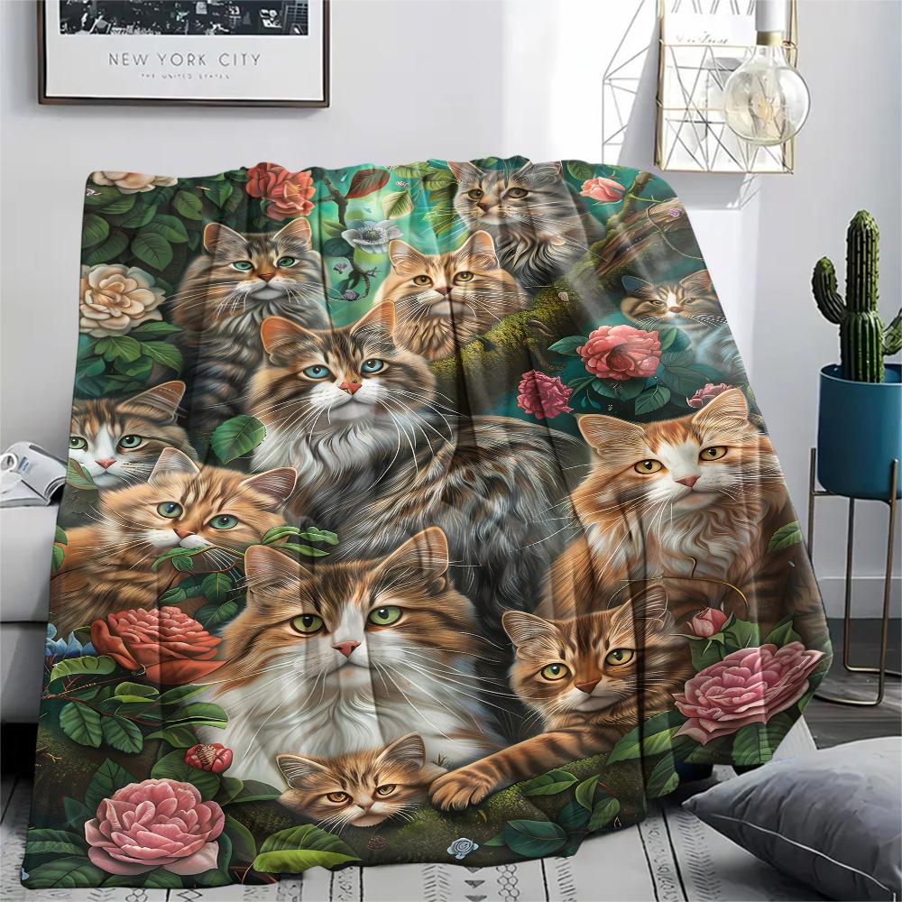 Kitty Print Flannel Blanket, High Quality Comfortable for All Seasons, Home Decor, Warmth and Comfort, Perfect for Christmas Gifts