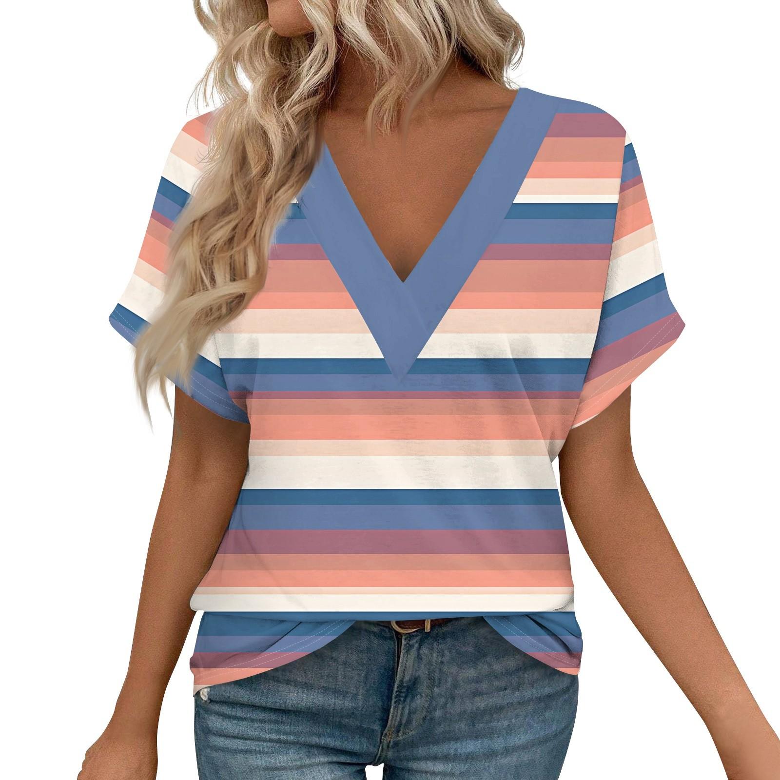 

Женские рубашки с коротким рукавом, топы с принтом и V-образным вырезом, повседневные топы, базовые футболки, блузки, свободные топы XL розовый