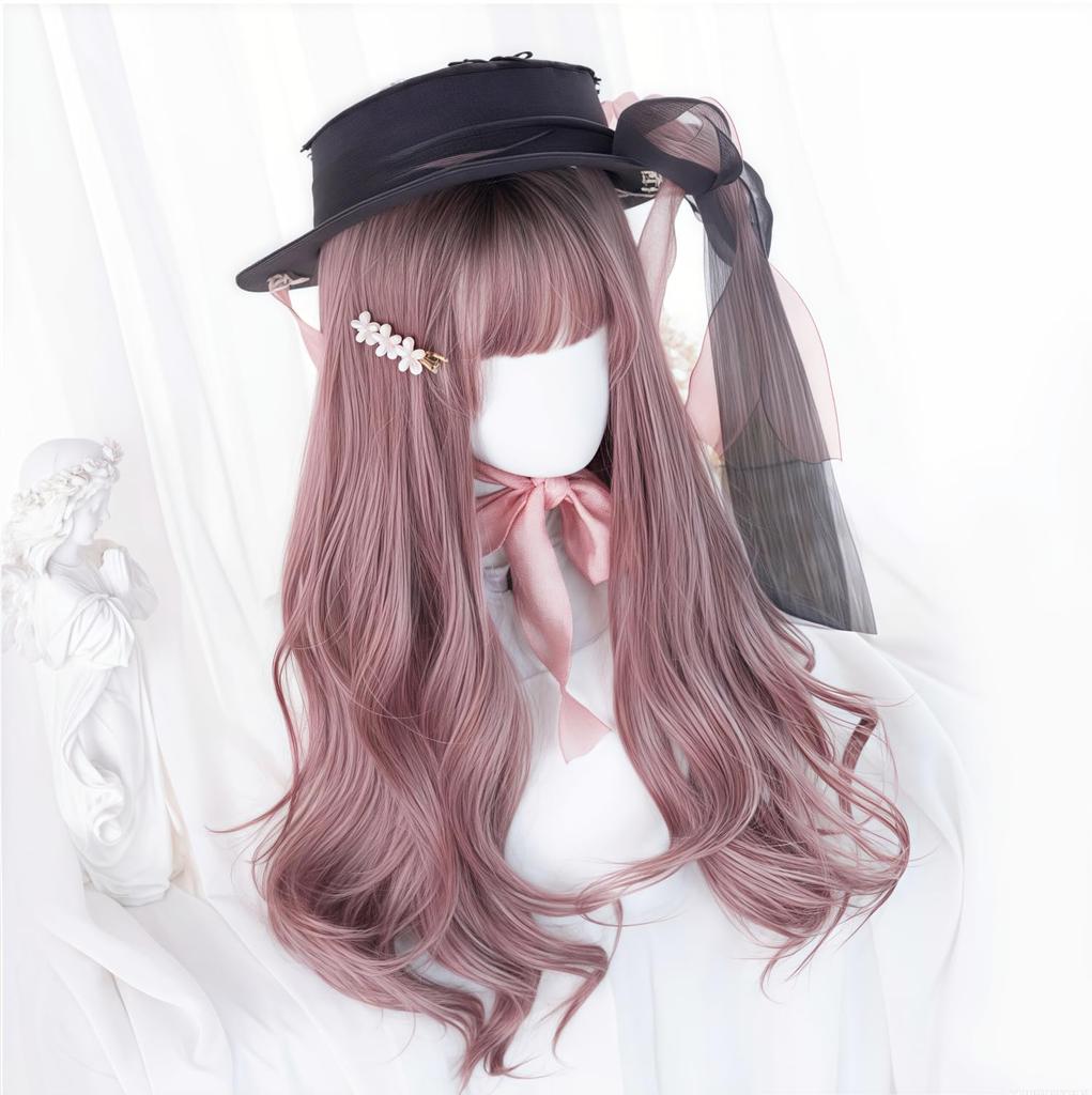 RyuuCos Lolita Wig, Long Hair, Curly, Wavy Hair, Blunt Bangs, Brown Pink Wig, Black Gradient Pink Brown, Natural Look, Harajuku Style, Cosplay, Heat