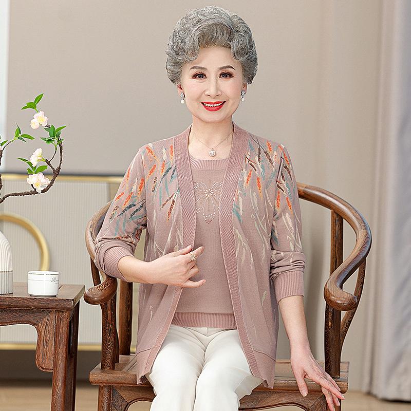 

Grandma s Floral Two-Piece Cardigan Set for Stylish Seniors L (40-50 kg)