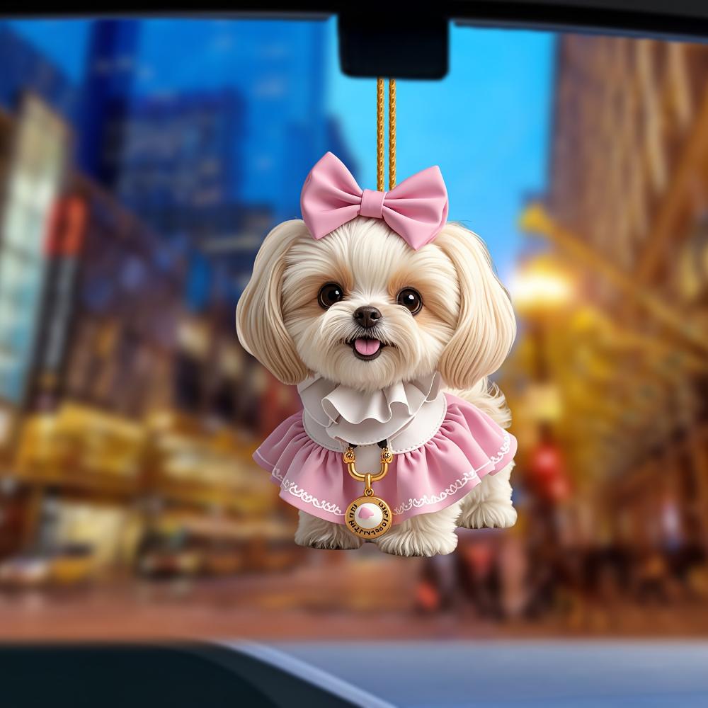 Adorable Shih Tzu Acrylic Pendant - Realistic 2D Car Rearview Mirror Decoration, Perfect for Anniversaries, Valentine's Day and Christmas