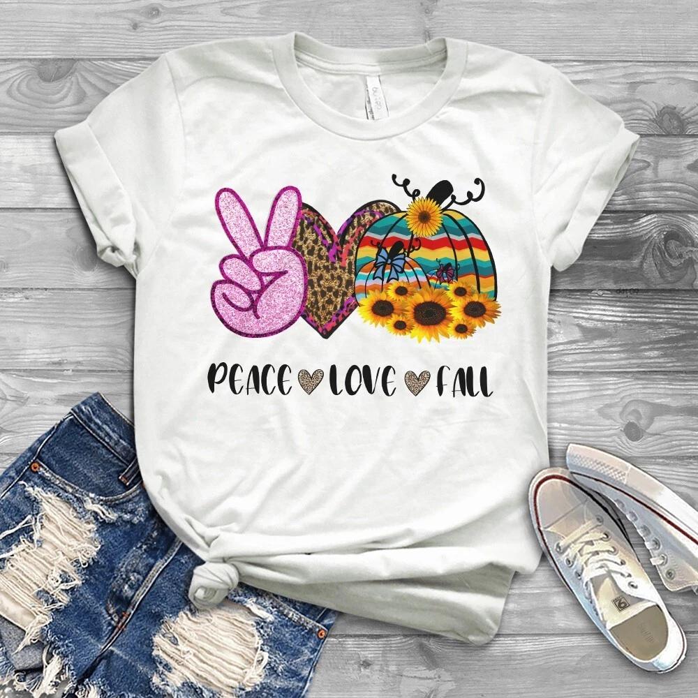 Peace Love Fall Leopard Print Sunflower Pumpkin Fall Autumn Men s and Women s T-shirts S