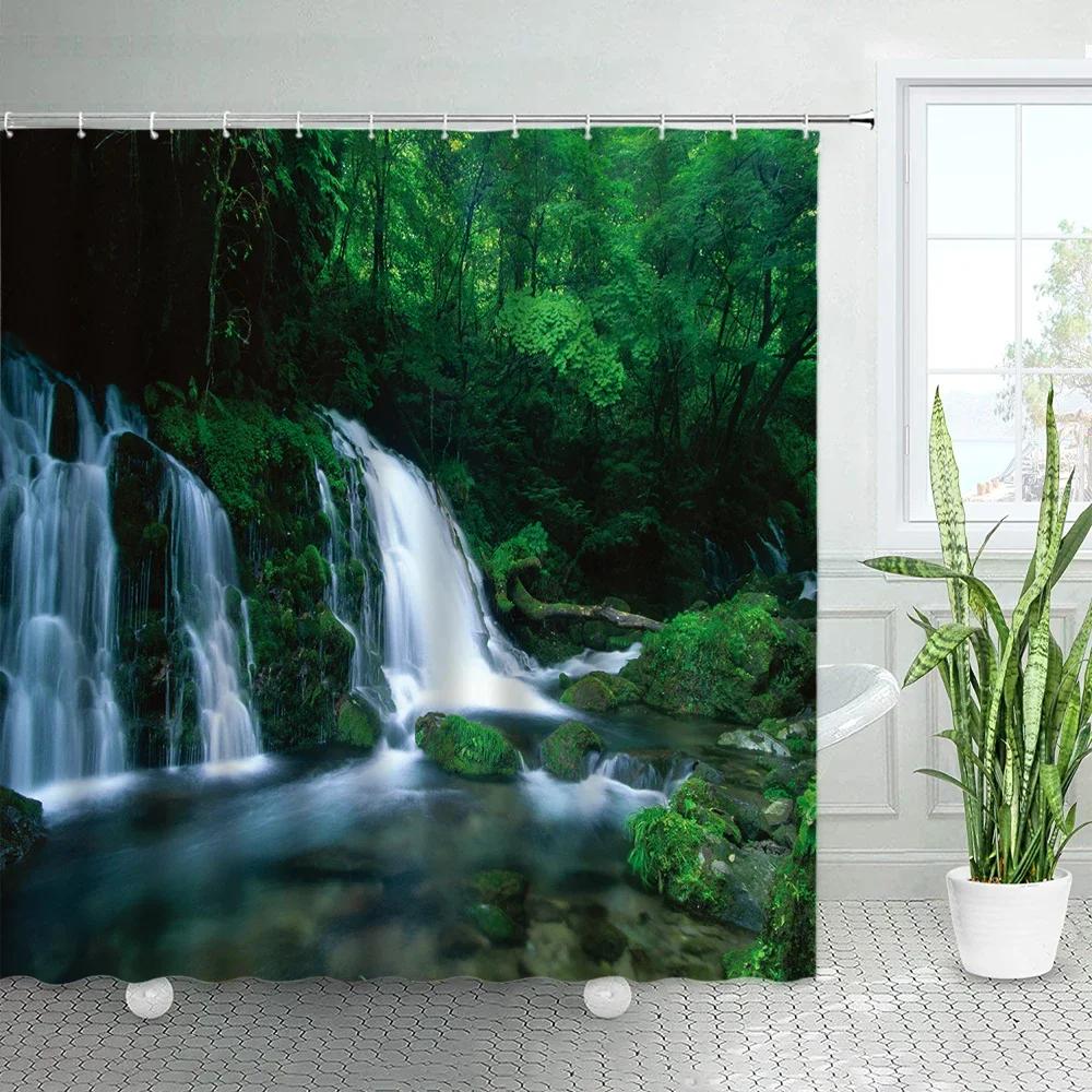 Водопад Занавески для ванной Весенний лес Парк Занавеска для душа Зеленый бамбук Природный пейзаж Водонепроницаемая ткань Домашний декор для ванны 90X180cm